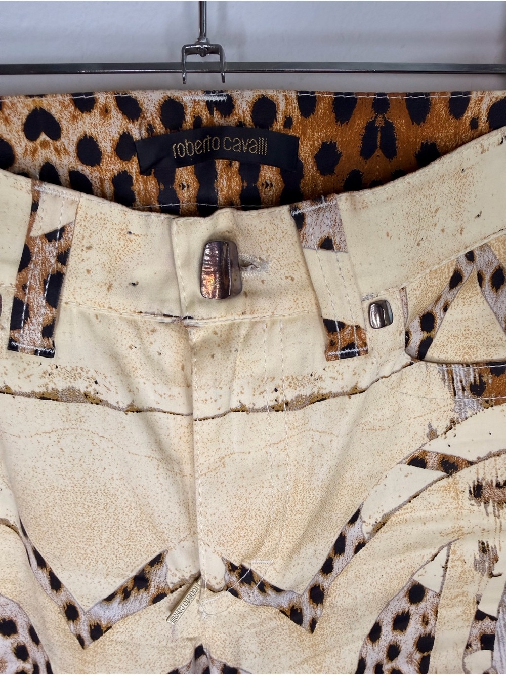 Roberto Cavalli Cream and Brown Leopard-Accent High-Waist Pants - Picture 2 of 10